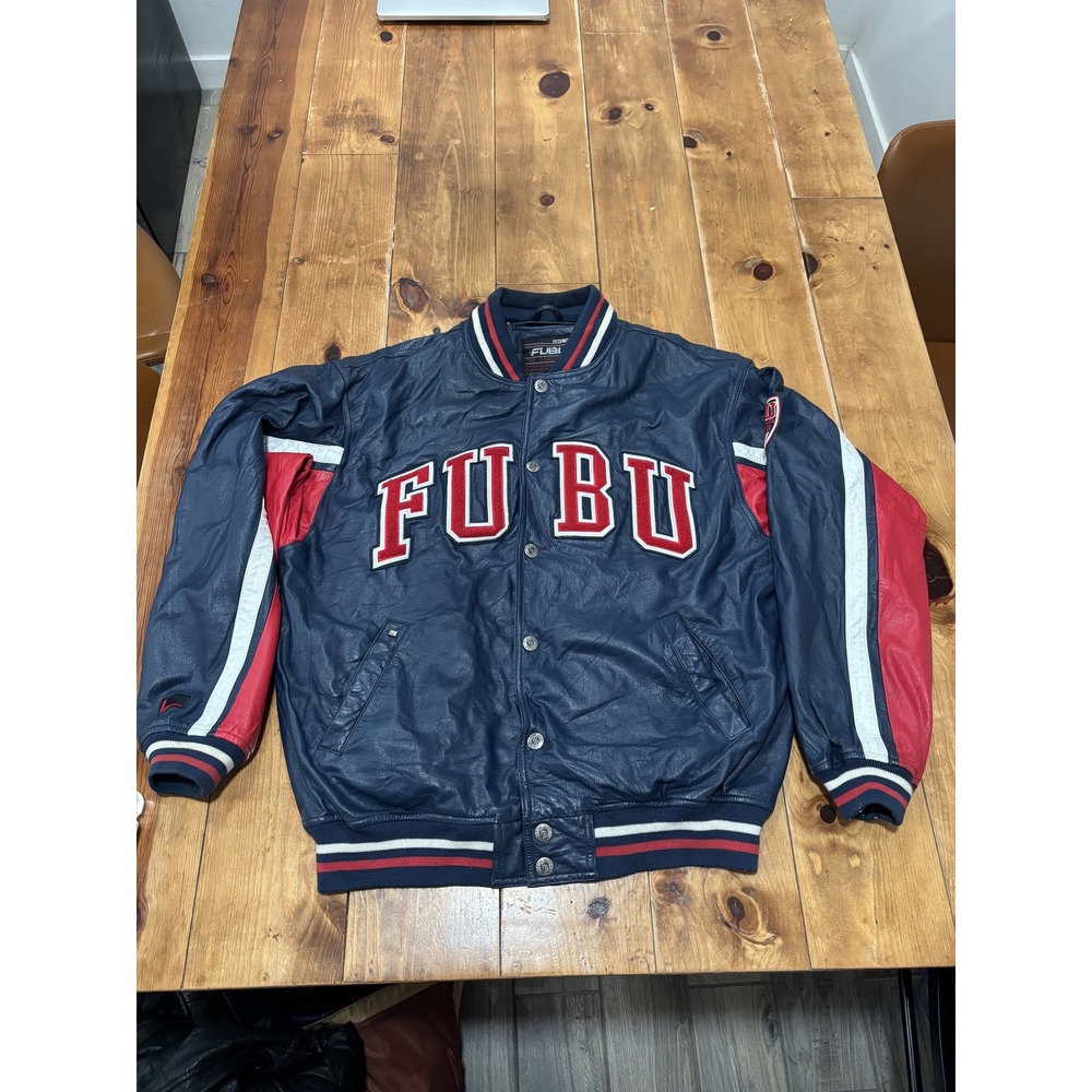 FUBU The Collection Vintage Men's Leather Bomber Jacket Navy Red White Size L